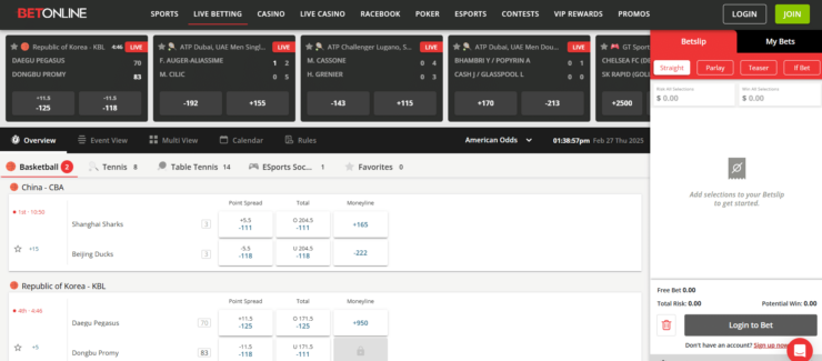 BetOnline live sports betting markets and odds