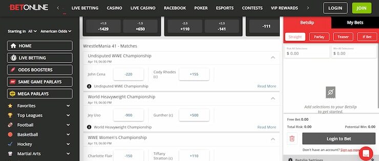 BetOnline betting markets and odds section