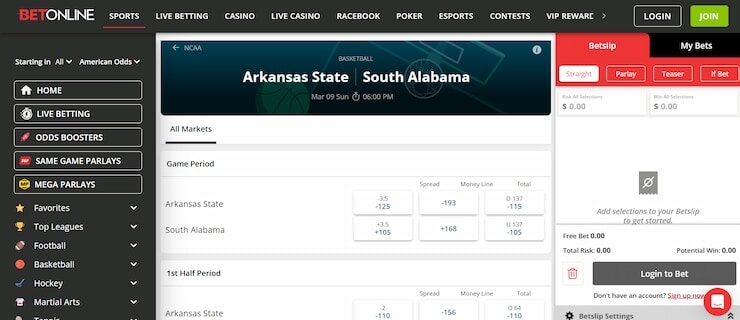 BetOnline betting markets and odds