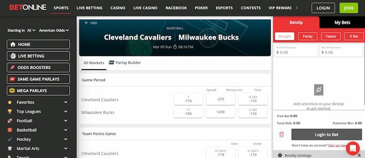 BetOnline - NBA betting markets and odds