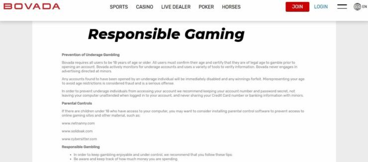 Bovada responsible gambling page
