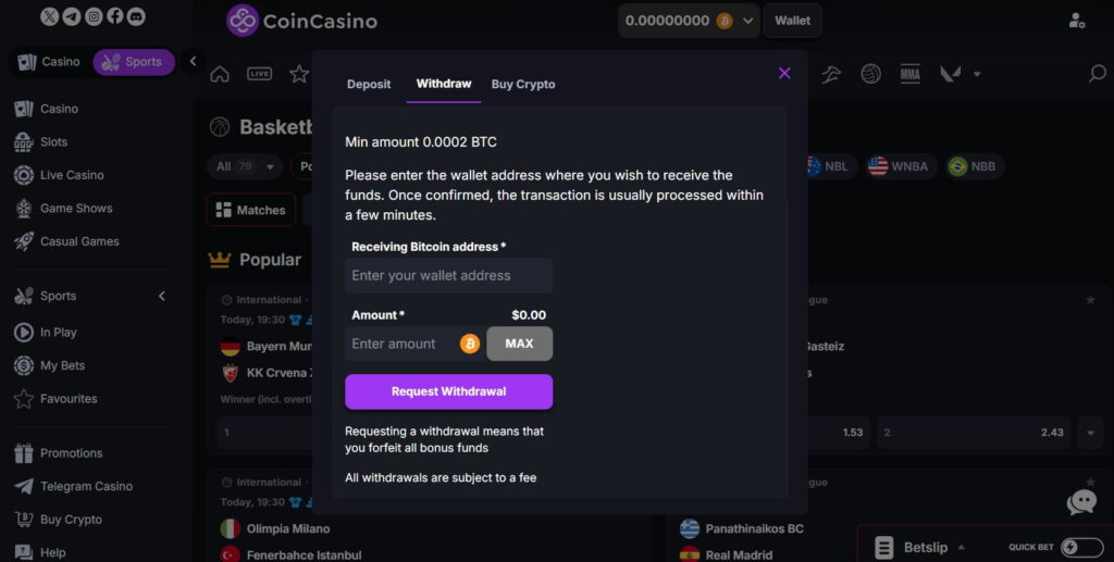 CoinCasino Bitcoin withdrawal form