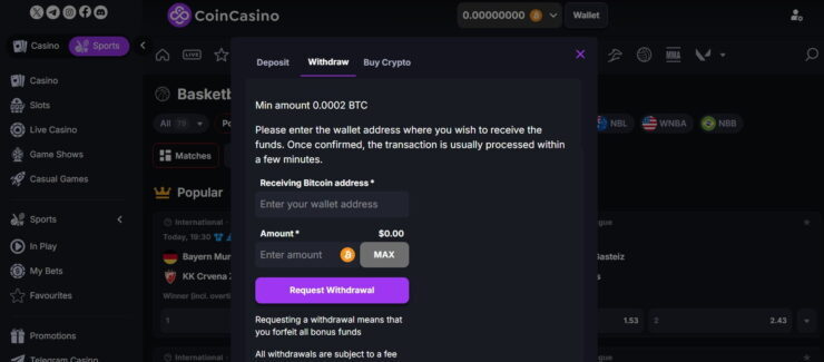 CoinCasino withdrawal funds form