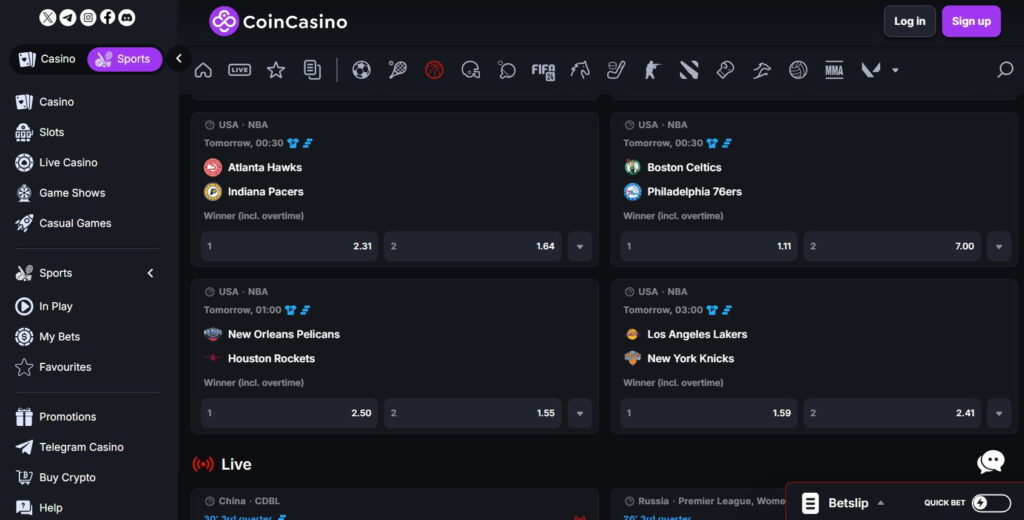 CoinCasino betting markets and odds