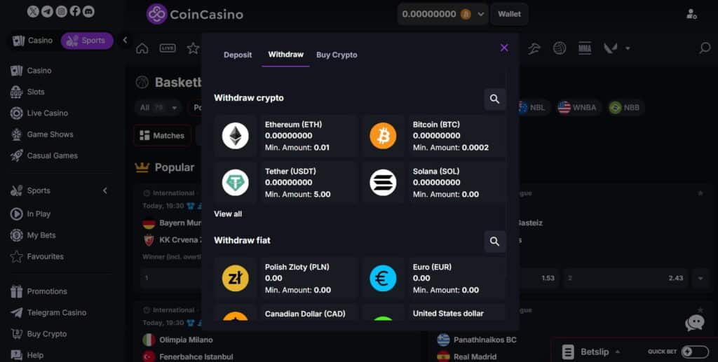 CoinCasino withdrawal options