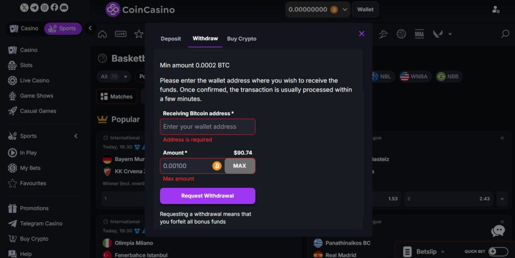 CoinCasino confirm withdrawal Bitcoin form