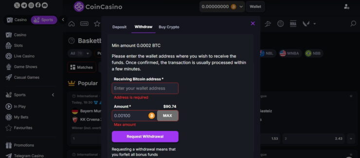 CoinCasino withdrawal sum confirmation