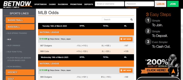 BetNow - one of the best MLB betting sites for US players