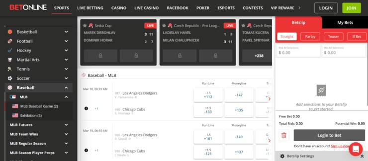 BetOnline sports betting markets and odds