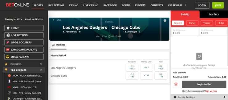 BetOnline sports betting section