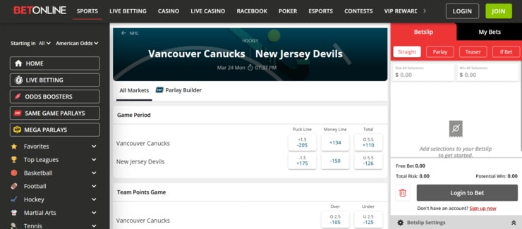 BetOnline - overall best NHL betting site for US bettors