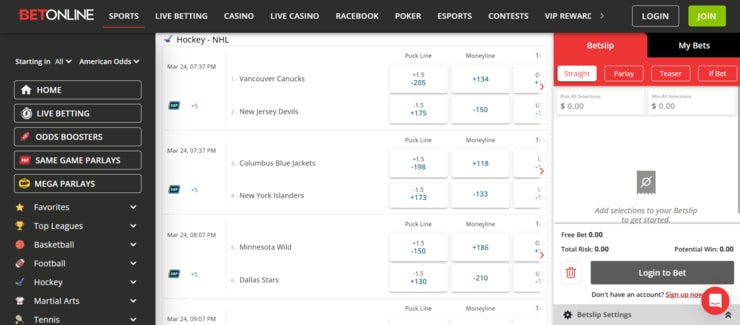 BetOnline sports betting markets and odds