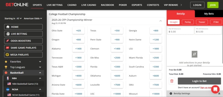 BetOnline sports betting odds and markets