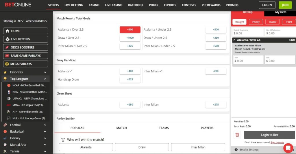 BetOnline Serie A Atalanta - Inter game over under betting markets example