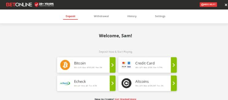 select the deposit method BetOnline