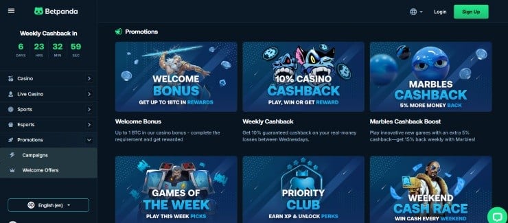 BetPanda bonuses and promos page