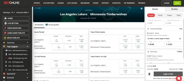 BetOnline sports betting markets and odds
