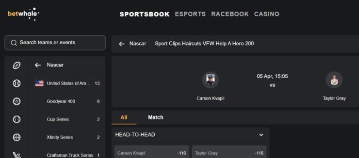 BetWhale - trusted sportsbook for betting on NASCAR