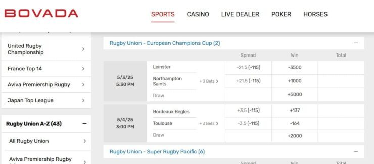 Bovada - top rated rugby sportsbook