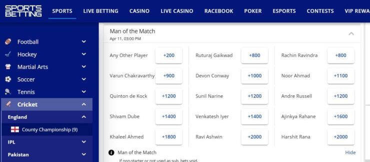 SportsBetting cricket man of the match betting odds example