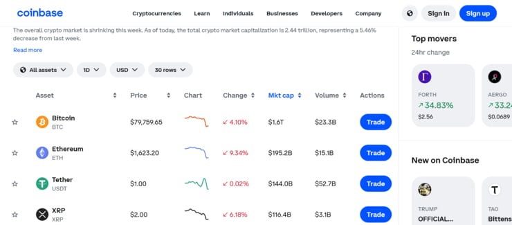 Coinbase crypto exchange platform trading page