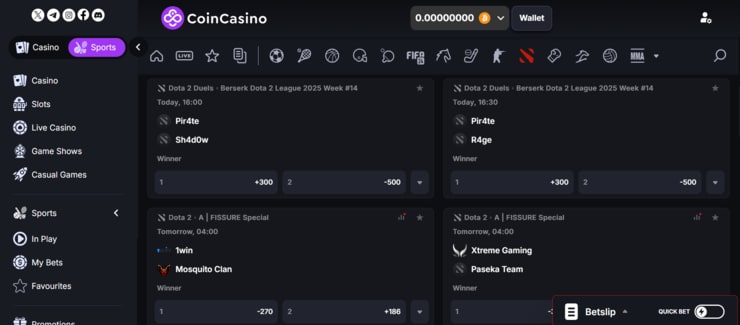 CoinCasino crypto esports betting page
