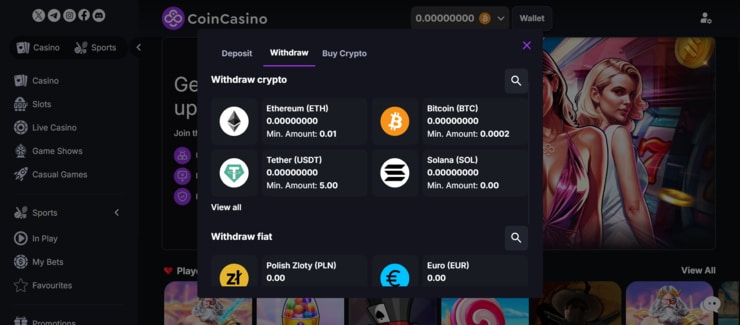 CoinCasino withdraw funds options