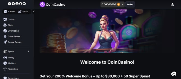 CoinCasino new user welcome page and bonus offer