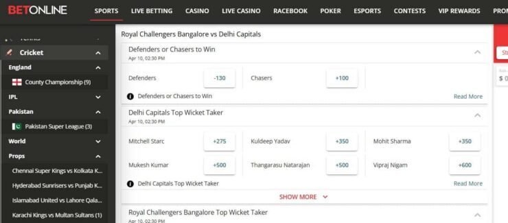 BetOnline cricket betting markets and odds
