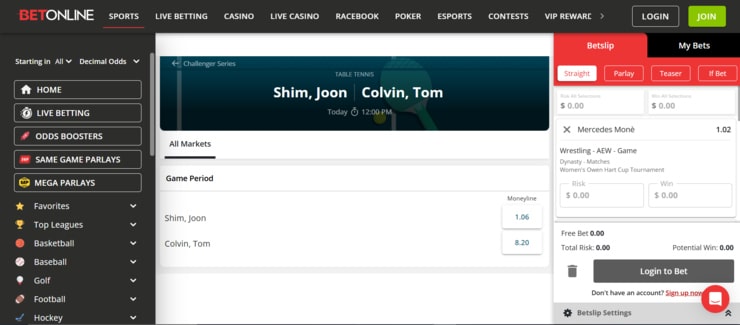 BetOnline - the best table tennis betting site