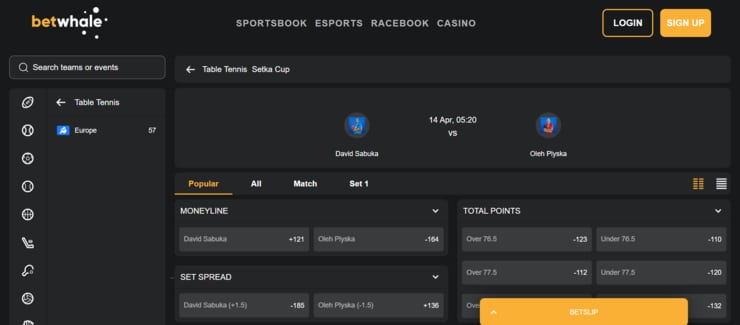 BetWhale - safe and secure table tennis online sportsbook