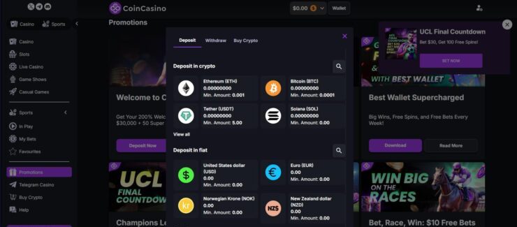 crypto deposit options at CoinCasino