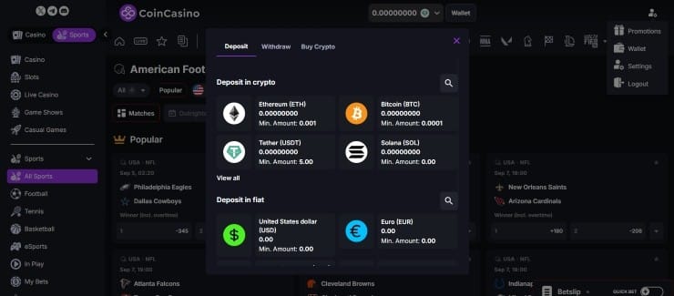 accepted cryptos at CoinCasino