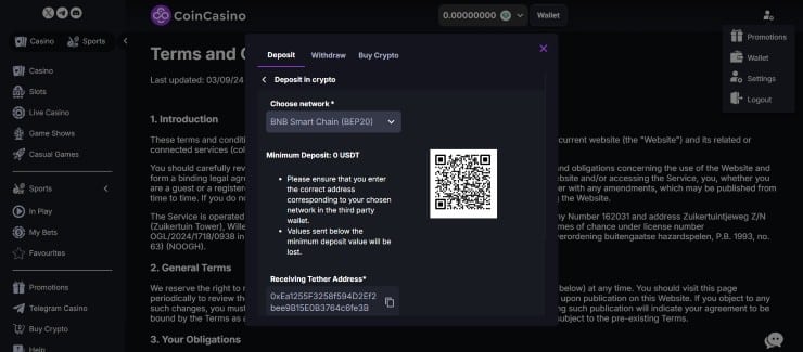 Depositing with Tether at CoinCasino