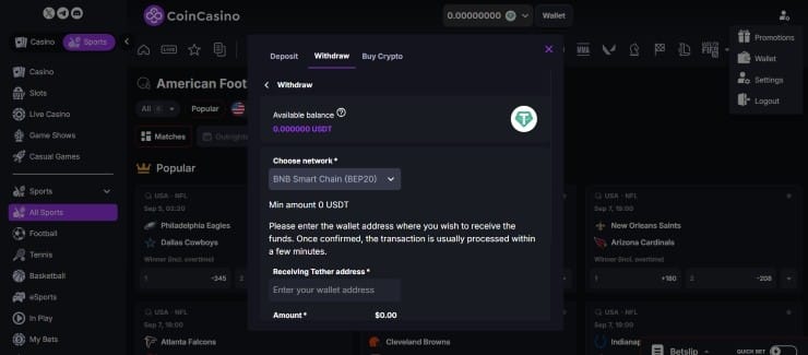 Withdrawing with Tether at CoinCasino