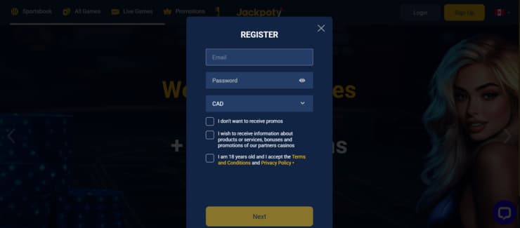 registration form at Jackpoty
