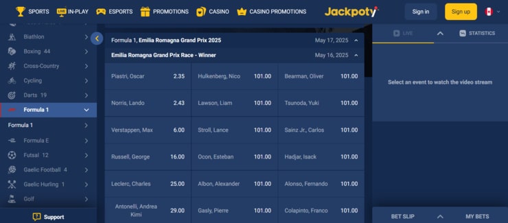Jackpoty sports betting markets and odds