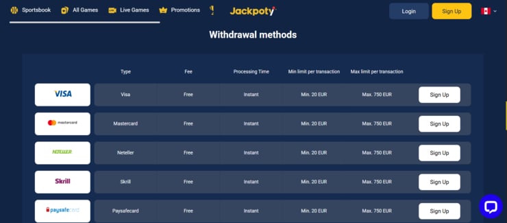 Jackpoty withdrawal funds options