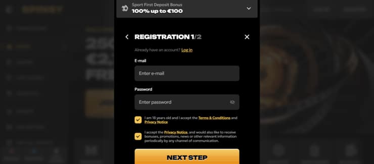 register form at Spinsy