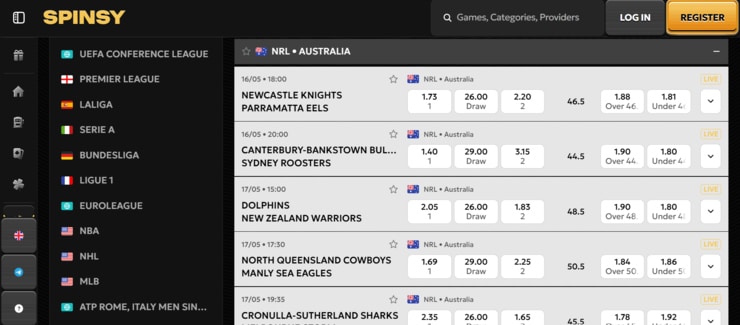 sports betting markets and odds at Spinsy