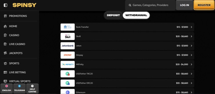 Withdrawal options at Spinsy