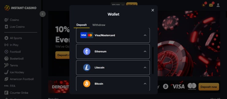 Instant Casino deposit options