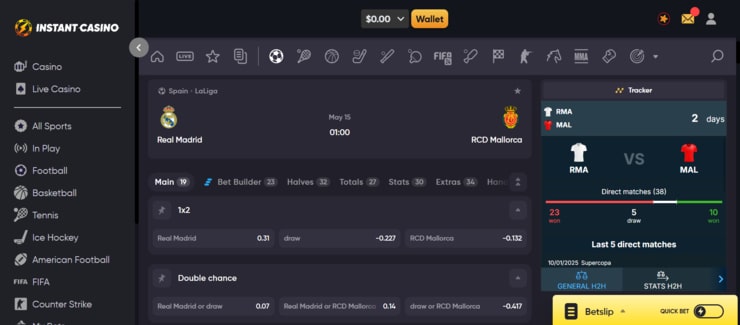 Instant Casino sports betting markets and odds