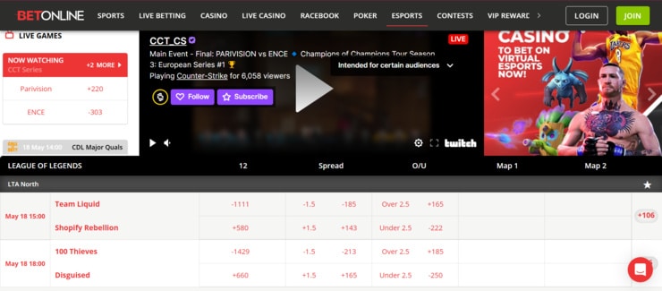 BetOnline - one of the most trusted League of Legends betting sites
