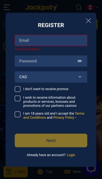 Jackpoty app registration form