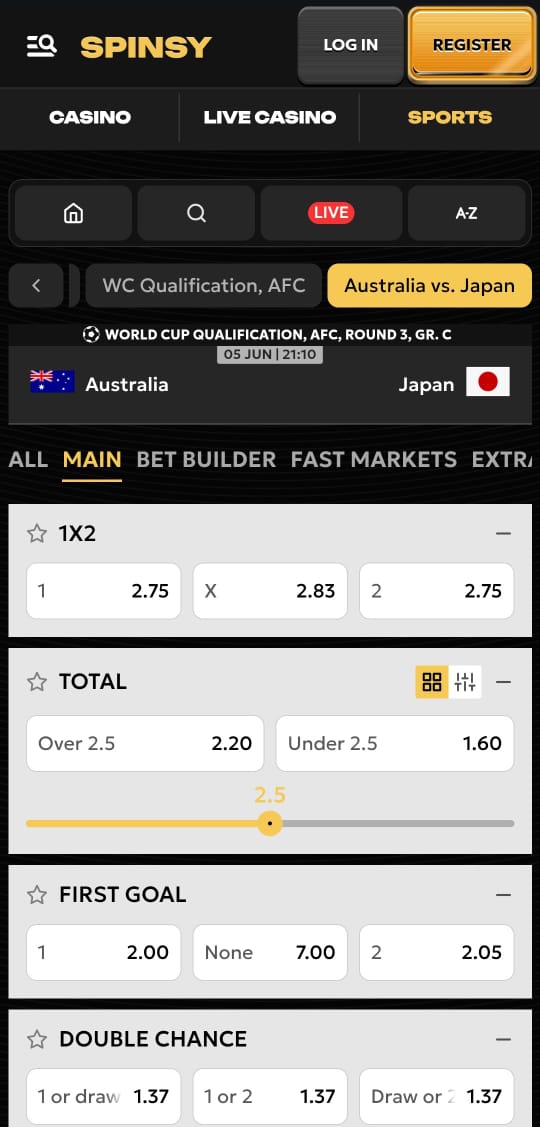 Interface de l app Spinsy avec cotes de football