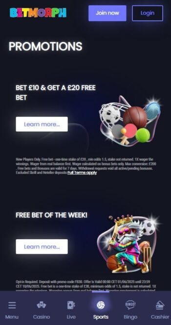 Betmorph promotions page - mobile version