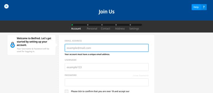 BetFred registration form