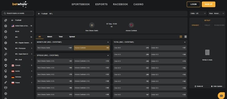 sports betting markets and odds at BetWhale sportsbook