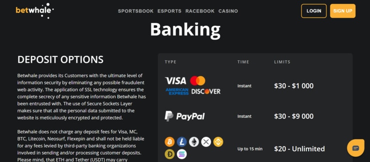 Banking at BetWhale, showing its deposit methods